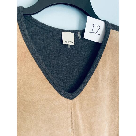 Ecru Suede Long Sleeve Top Large Gray and Tan - Picture 6 of 7